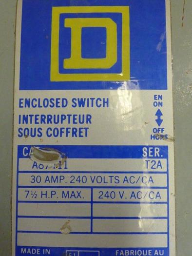 Used SQUARE D 30 Amp Disconnect Safety Switch A87411 #65453