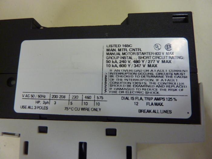 Used SIEMENS 12 Amp Starter Motor Protector 3RV1 011-1KA20 #64783