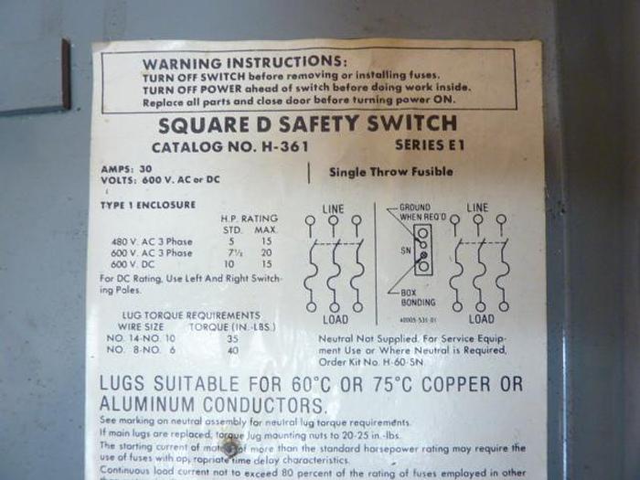 Used SQUARE D 30 Amp Safety Disconnect Switch H361 E1 Used
