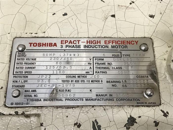 Used TOSHIBA 50 HP Induction Motor JEC-37-1979 Used