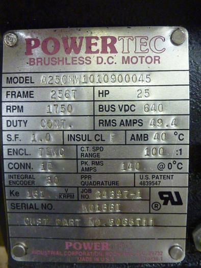 Used POWERTEC 25 HP Brushless DC Motor A25CMW1010900045 Used