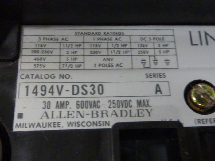 Used ALLEN BRADLEY 30 Amp Disconnect Switch 1494V-DS30 SER A #57427