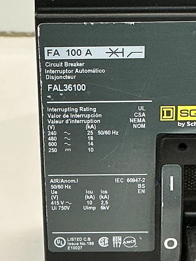 Used SQUARE D FAL36100