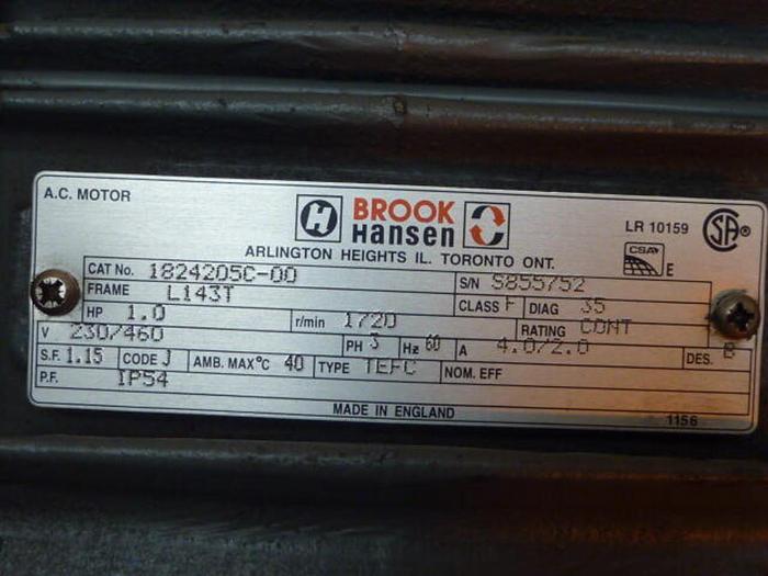 Used BROOK HANSEN 1 HP AC Motor 1824205C-00 #33758