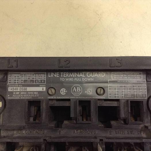 Used ALLEN BRADLEY 60 Amp Disconnect Switch 1494V-DS60 SER A #71707