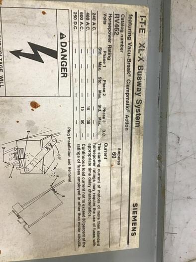 Used SIEMENS 60 Amp Buss Plug RV462 #137256