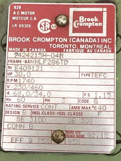 Used BROOK CROMPTON 30 HP Motor 2424215H-04M Used