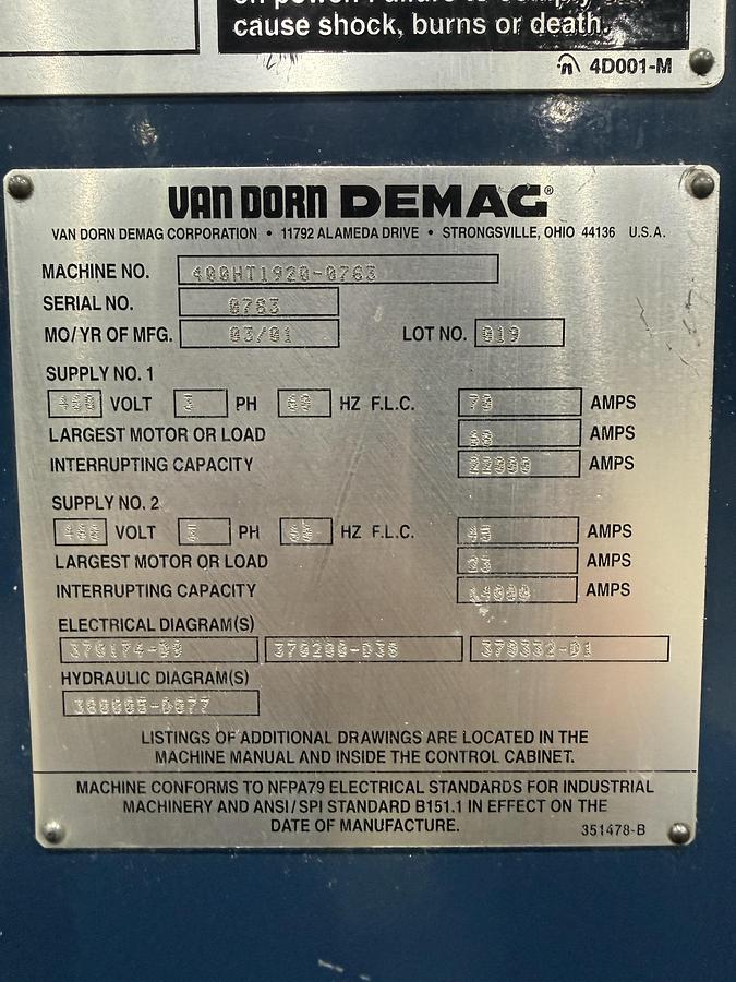 Used DNL / NOT TESTED OR CLEANED VAN DORN DEMAG 400HT1920 USED