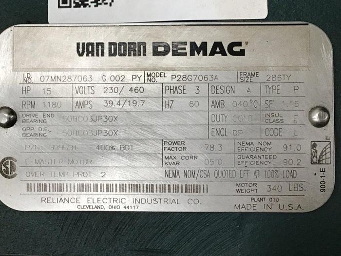 Used RELIANCE ELECTRIC Van Dorn Demag 15 HP Motor P28G7063A Used
