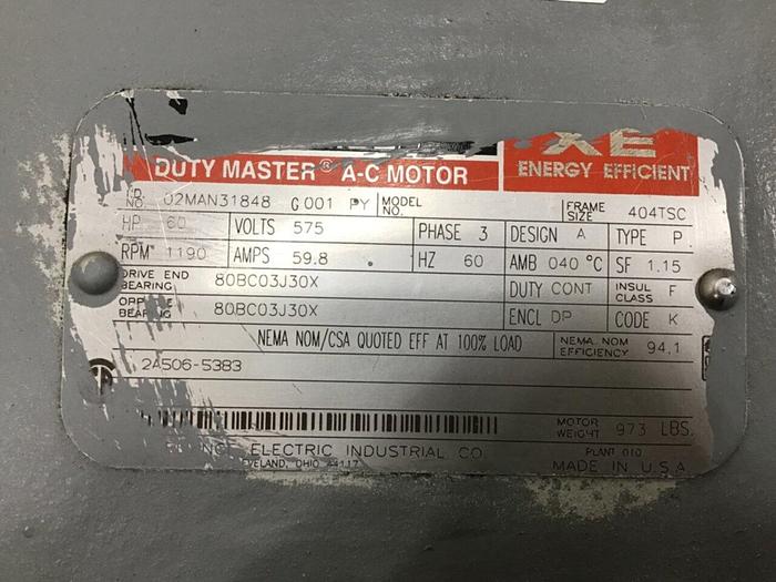 Used RELIANCE ELECTRIC 60 HP AC Motor 02MAN31848 Used