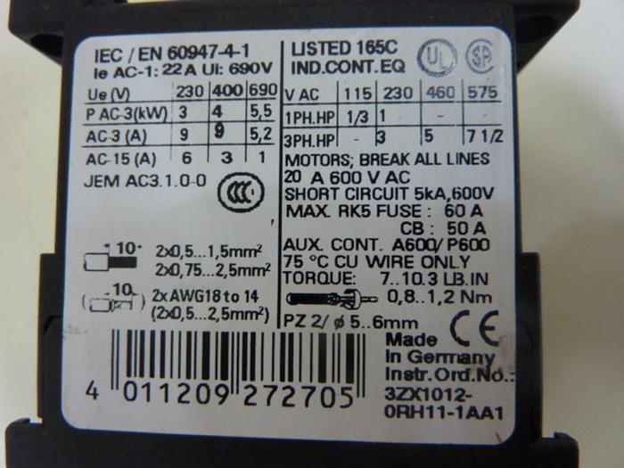 Used SIEMENS Contactor 3RT1016-1BB41 #50283