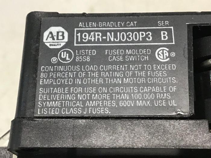 Used ALLEN BRADLEY Manual Disconnect Switch 194R-J30-1753S #133944