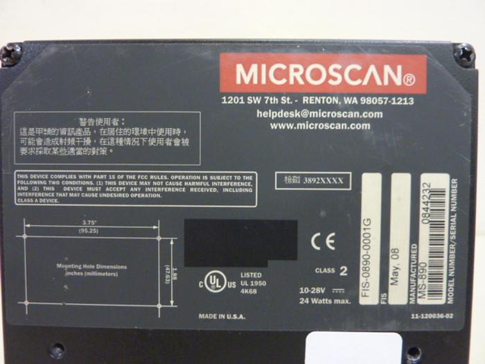 Used MICROSCAN Barcode Scanner FIS-0890-0001G Used