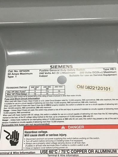 Used SIEMENS General Duty Safety Disconnect Switch GF322N VBII #124571