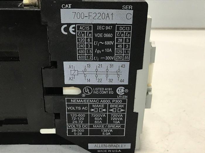 Used ALLEN BRADLEY Contactor 700-F220A1 #113654