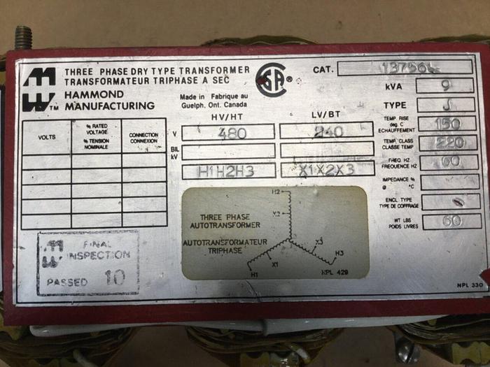 Used HAMMOND 9.00 kVA Dry Type Transformer 137561 #101975