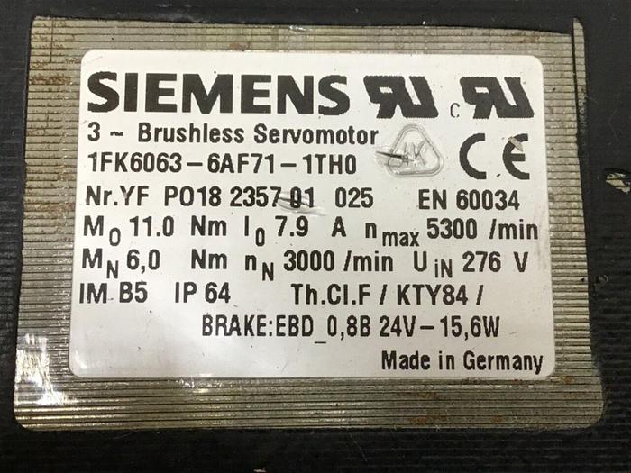 Used SIEMENS Brushless Servo Motor 1FK6063-6AF71-1TH0 Used