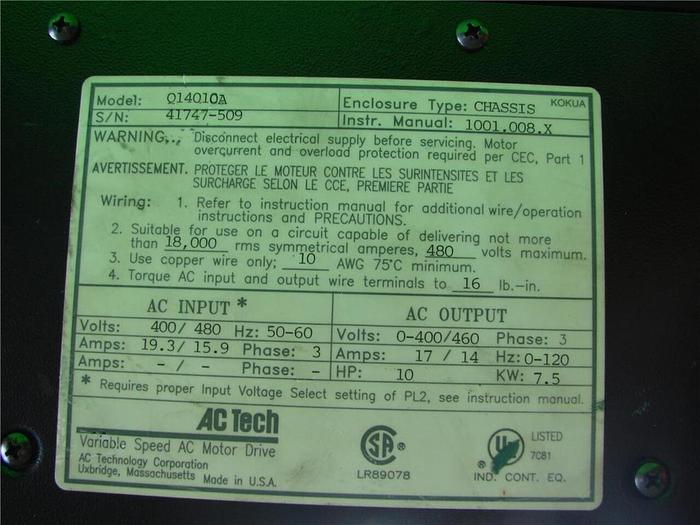 Used AC TECHNOLOGY Variable Speed Drive Q14010A Used