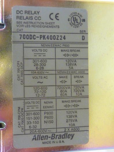 Used ALLEN BRADLEY DC Relay 700DC-PK400Z24 SER D #92989