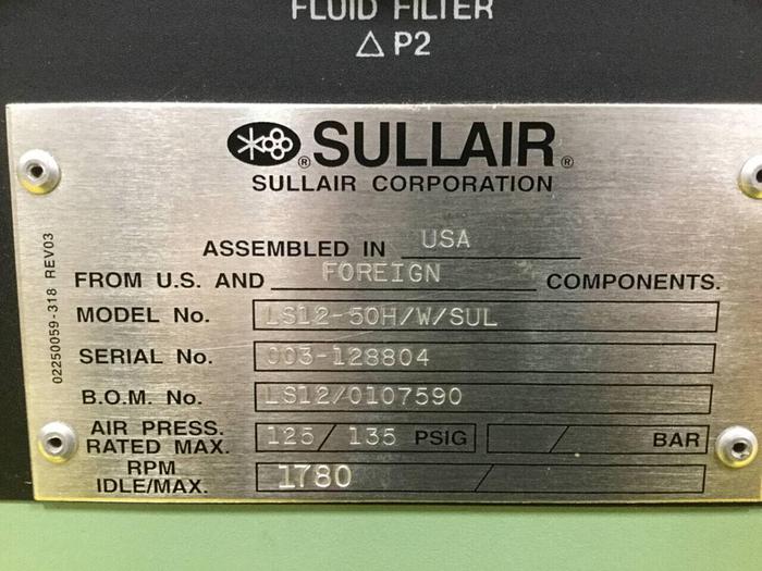 Used SULLAIR 50 HP Air Compressor LS12-50H/W/SUL Used
