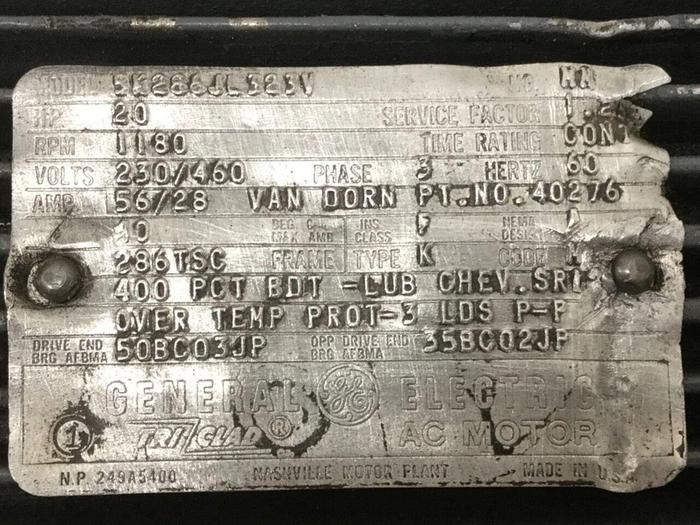 Used GENERAL ELECTRIC 20 HP Motor 5K288JL323V Used