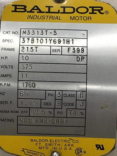 Used BALDOR 10 HP Industrial Motor M3313T-5 Used