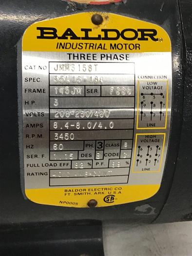 Used BALDOR 3 HP Industrial Motor JMM3158T Used