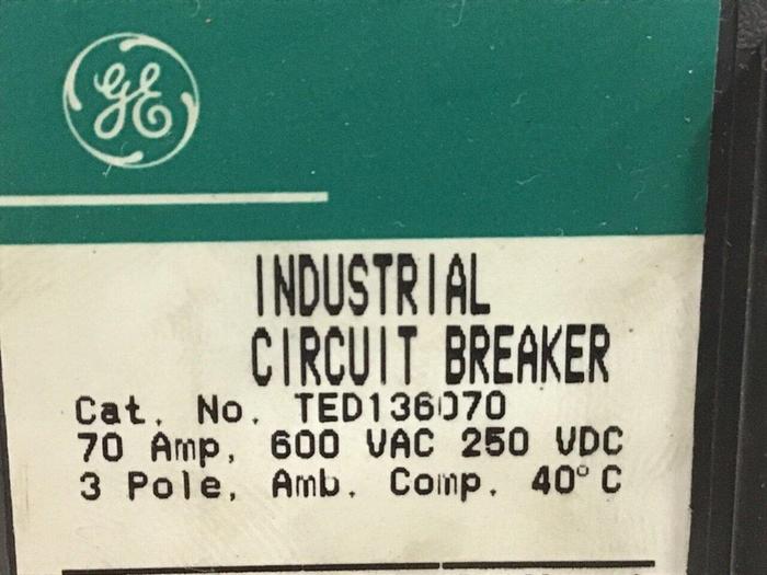 Used GE 70 Amp Circuit Breaker TED136070 / DISCONNECT #139702