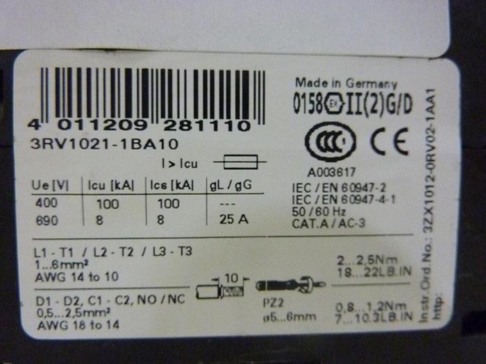 Used SIEMENS Motor Starter 3RV1021-1BA10 #46426