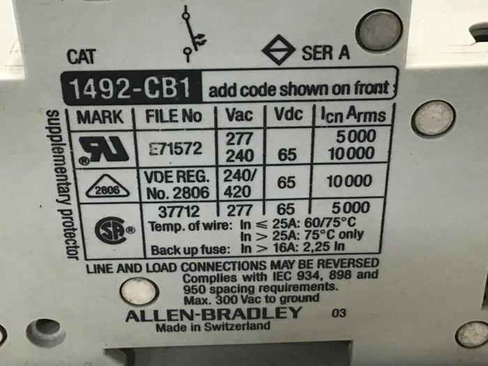 Used ALLEN BRADLEY 15 Amp Circuit Breaker 1492-CB1/G150 SER A #119630