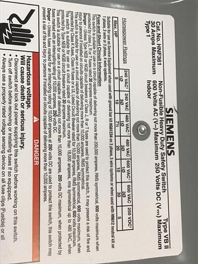 Used SIEMENS 30 Amp Safety Disconnect Switch HNF361 VBII #137849