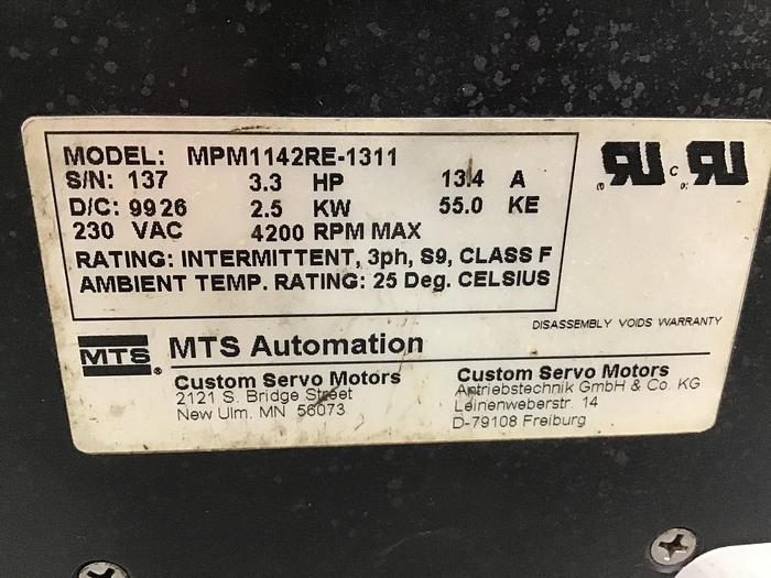 Used MTS AUTOMATION 3.3 HP Servo Motor MPM1142RE-1311 Used #142930