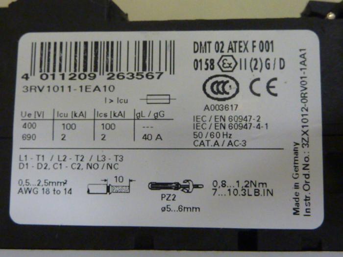 Used SIEMENS Motor Starter 3RV1 011-1EA10 #63788