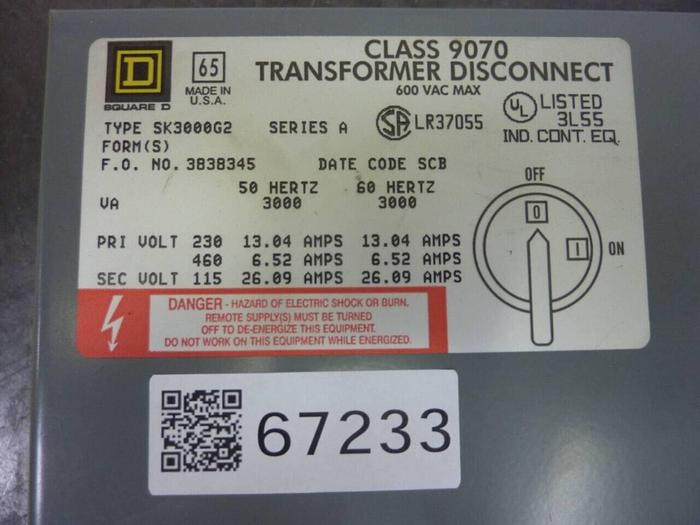 Used SQUARE D Transformer Disconnect 9070-SK3000G2 #67233