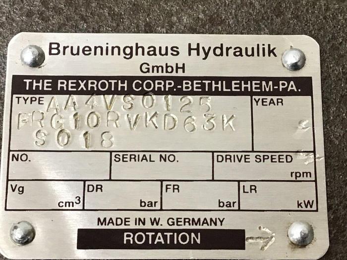 Used BRUENINGHAUS HYDRAULIK Pump AA4VS0125FRG10RVKD63KS018 Used