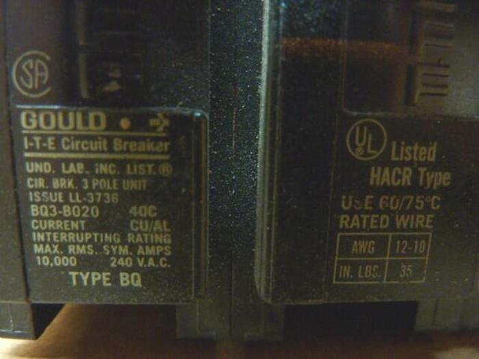 Used GOULD 20 Amp Circuit Breaker BQ3-B020 #27013