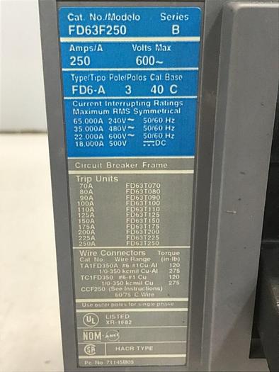 Used SIEMENS 250 Amp Circuit Breaker FD63F250 Used
