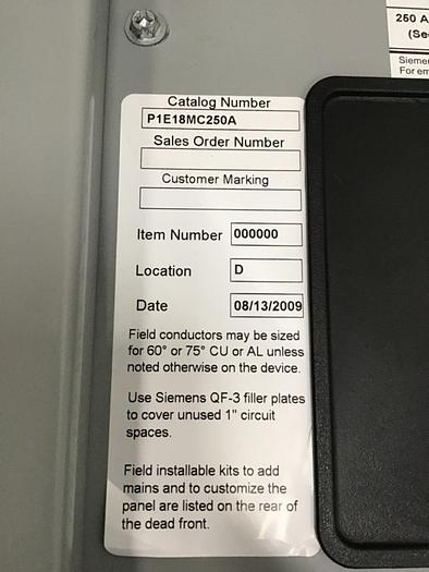 Used SIEMENS 250 Amp Breaker Box P1X18MC250A #137027