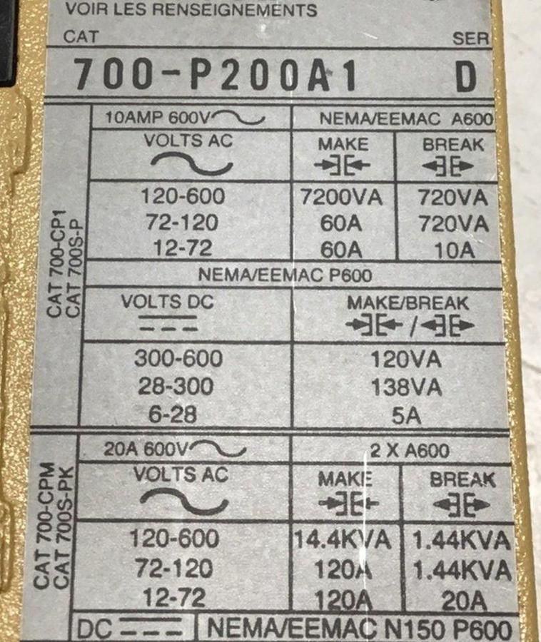 Used ALLEN BRADLEY AC Relay 700-P200A1 SER B USED