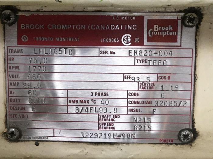 Used BROOK CROMPTON 75 HP Motor BC75HP Used