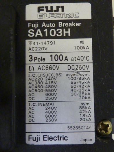 Used FUJI ELECTRIC 100 Amp Circuit Breaker SA103H-100 #46828