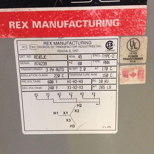 Used REX MANUFACTURING 45 kVA Transformer RC45JC Used