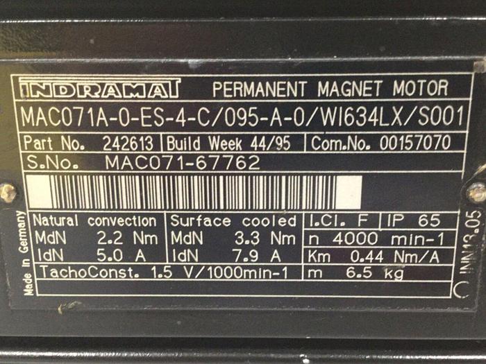 Used INDRAMAT Servo Motor MAC071A-0-ES-4-C/095-A-0/WI634LX/S001 Used