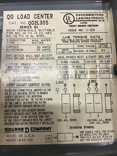 Used SQUARE D Load Center Q02L30S #122030