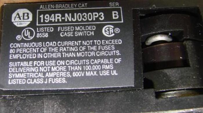 Used ALLEN BRADLEY 30 Amp Disconnect Switch 194R-NJ030P3 SER B #21262