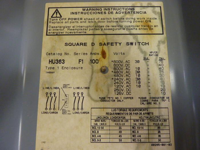 Used SQUARE D Disconnect Switch HU363 SER F1 #66738