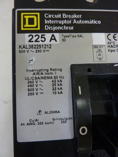 Used SQUARE D 225 Amp Circuit Breaker KAL362251212 #59127