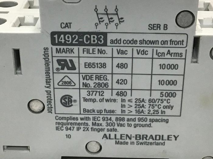 Used ALLEN BRADLEY 4 Amp Circuit Breaker 1492-CB3/G040 SER B #114335