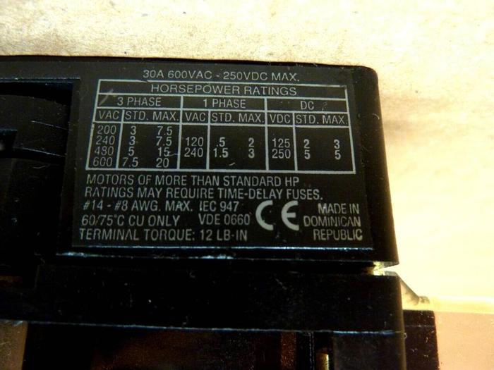 Used ALLEN BRADLEY 30 Amp Disconnect Switch 194R-NJ030P3 SER B #24220