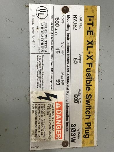 Used SIEMENS 60 Amp Buss Plug RV362 #137252